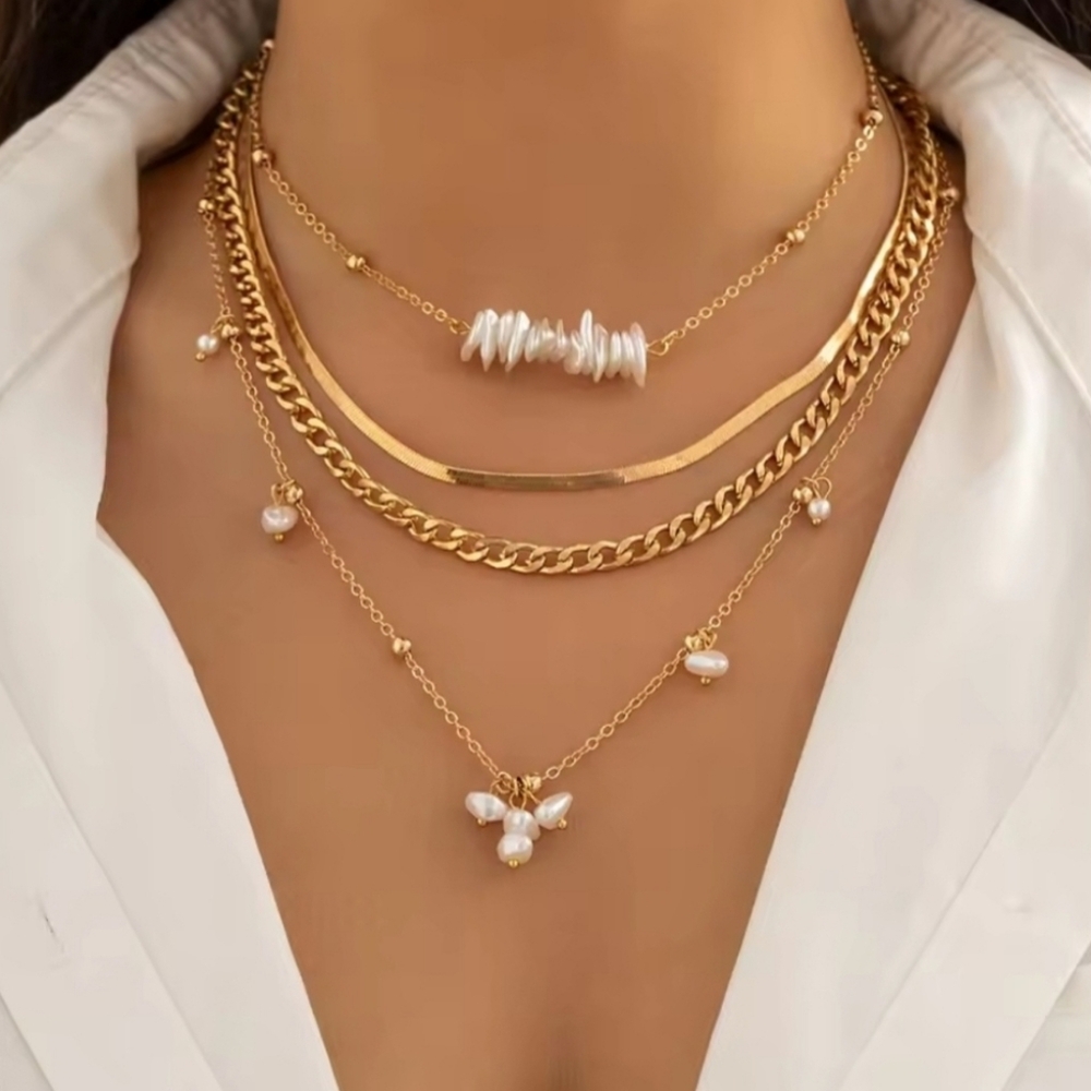 Elegant Gold and Pearl Layered Necklace Set